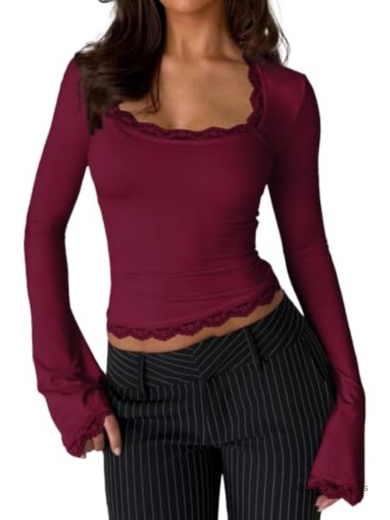 Tops - Lace Trim Square Neck Long Sleeve Crop Top Stretchy Slim Fit Y2K Blouse